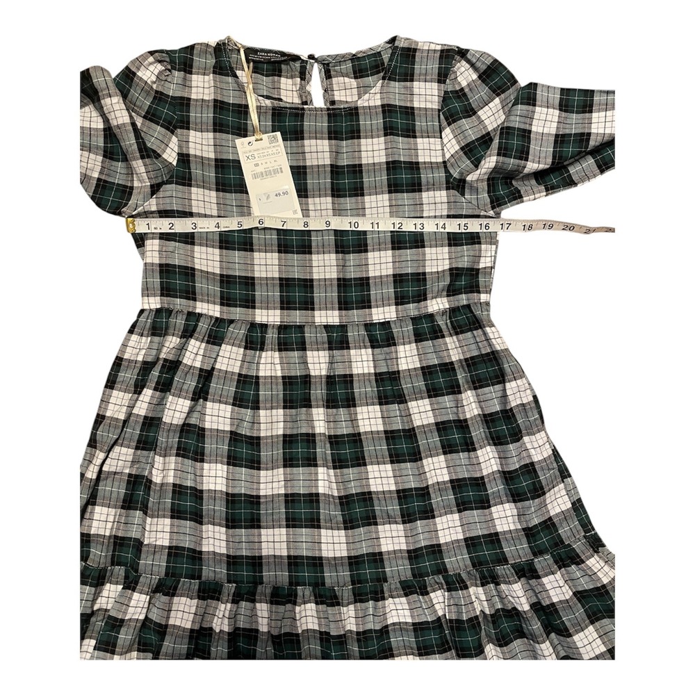 Zara Woman Green Plaid Tiered Babydoll Dress Long Sleeve Casual Mini XS - Picture 5 of 8
